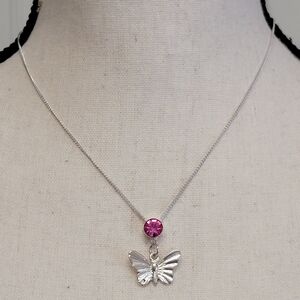 Adult Jewels Butterfly Necklace‎ 18" Pink Faux Gemstone Silver Tone Pendant Gift
